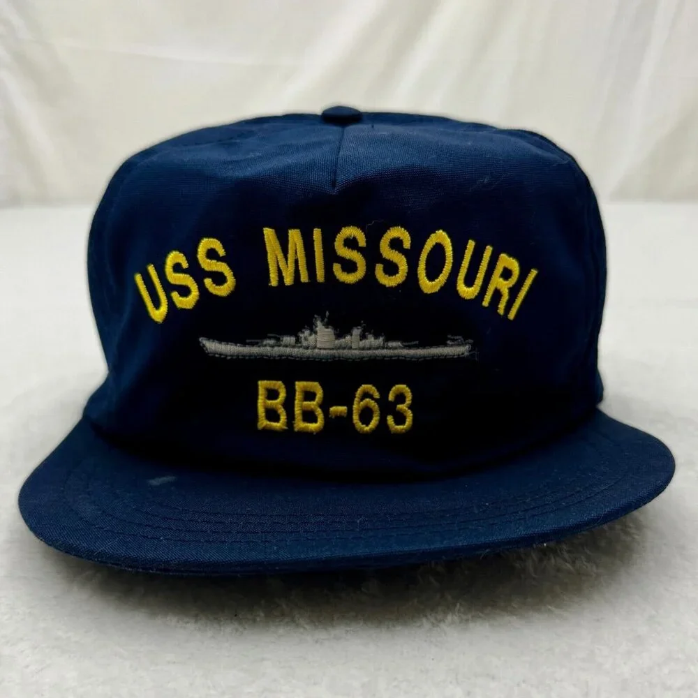 Vintage USS Missouri BB-63 Battleship Navy Snapback Cap Embroidered Blue (A)
